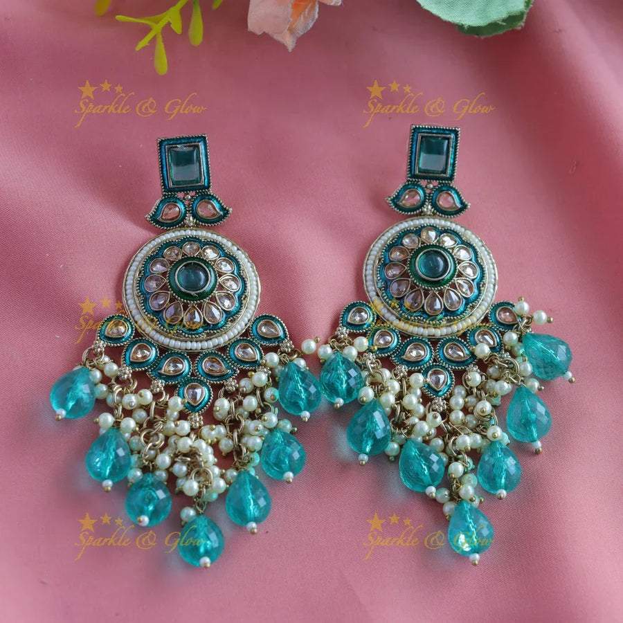 Gracious Square stone studded Floral Mango Guttapusalu Anqtiue Earrings-Skyblue - Sparkle and Glow