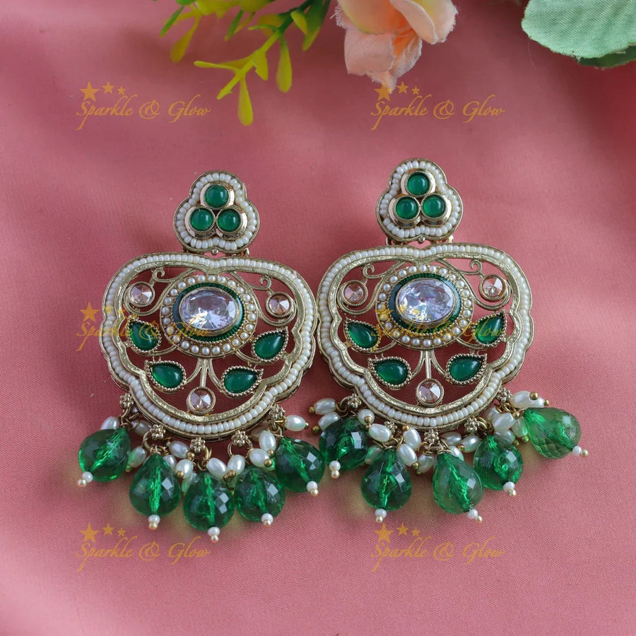Beautiful Kundan Floral Leaf design Antique Earrings-Green - Sparkle and Glow