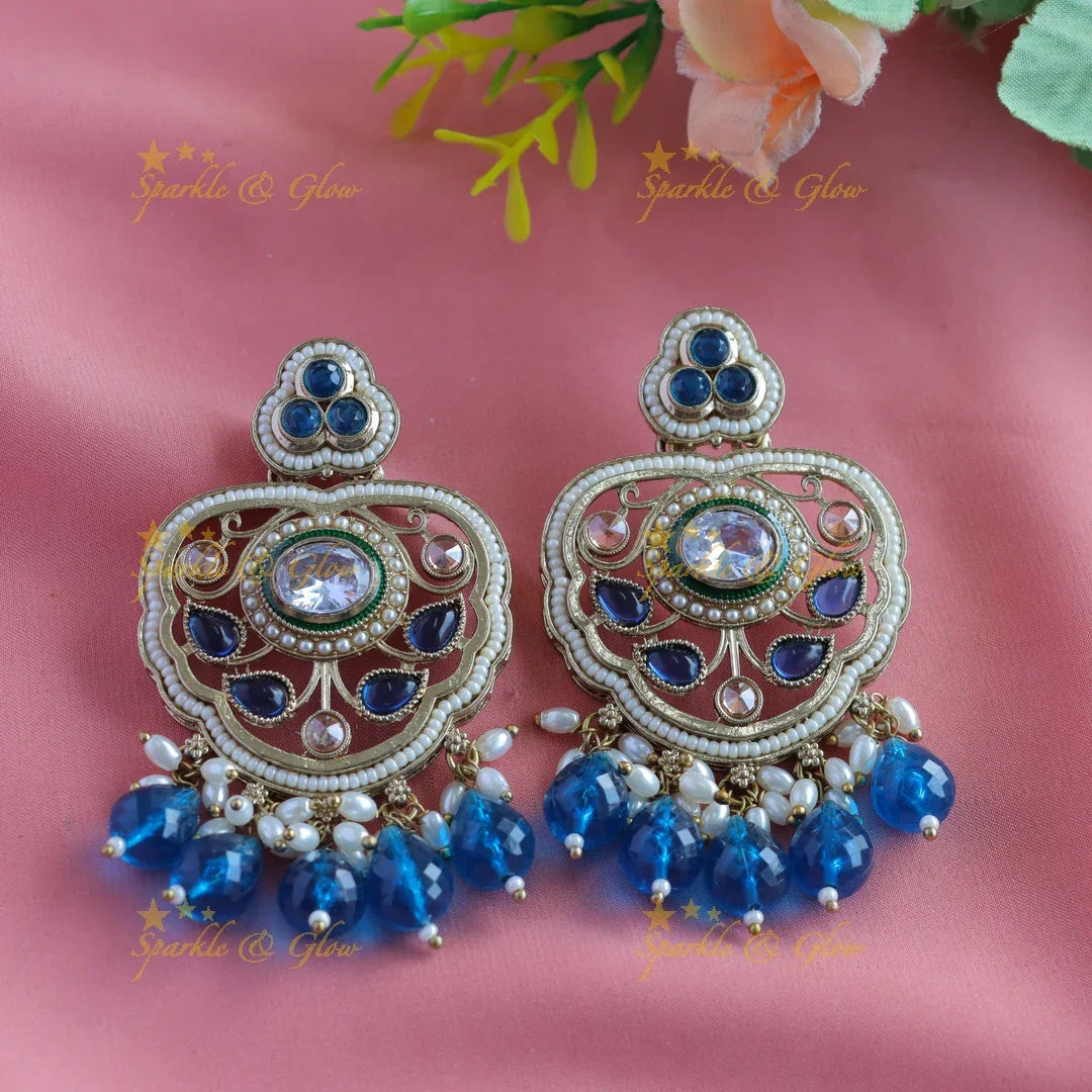 Beautiful Kundan Floral Leaf design Antique Earrings-Green - Sparkle and Glow