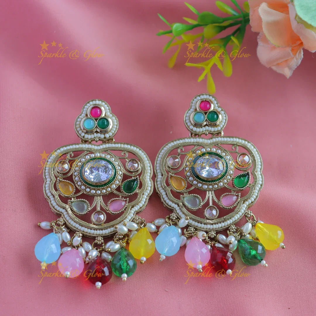 Beautiful Kundan Floral Leaf design Antique Earrings-Green - Sparkle and Glow