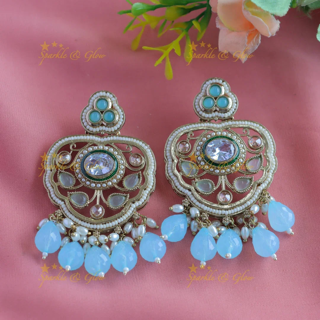 Beautiful Kundan Floral Leaf design Antique Earrings-Green - Sparkle and Glow