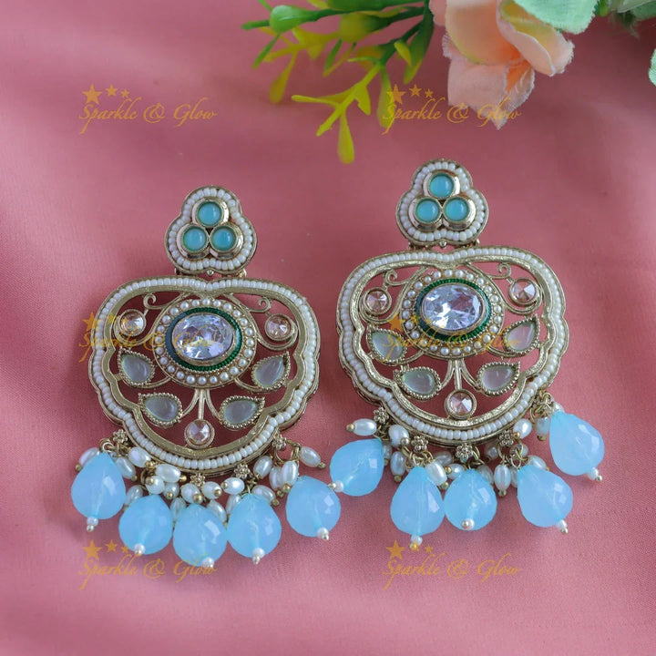 Beautiful Kundan Floral Leaf design Antique Earrings-Green - Sparkle and Glow