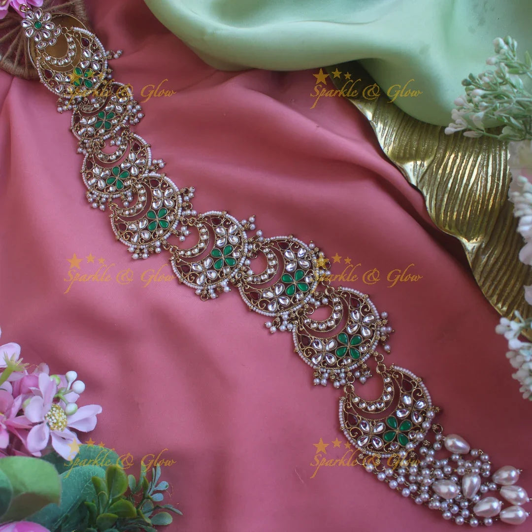 Statement Floral Moon design antique finish long jadabilla with kundan stones and pearl drops - green white - Sparkle and Glow
