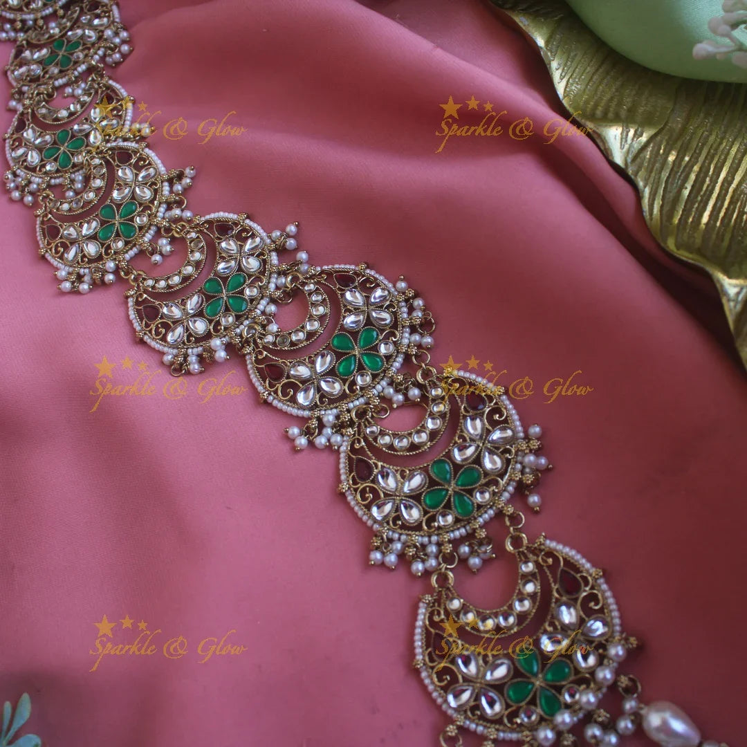 Statement Floral Moon design antique finish long jadabilla with kundan stones and pearl drops - green white - Sparkle and Glow