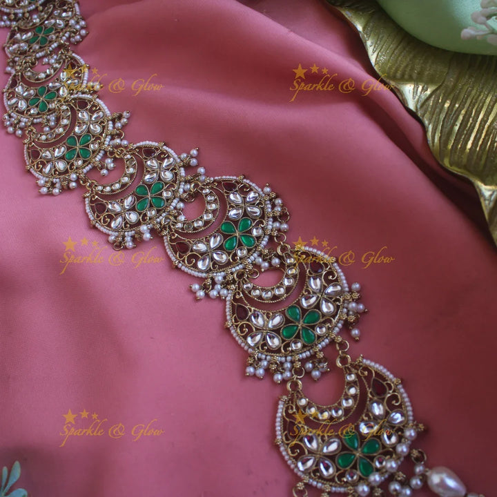 Statement Floral Moon design antique finish long jadabilla with kundan stones and pearl drops - green white - Sparkle and Glow