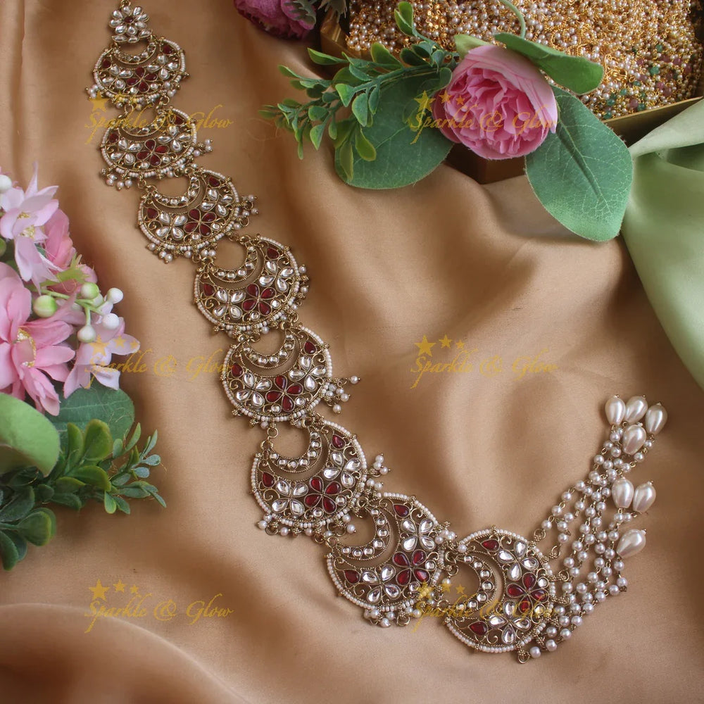 Statement Floral Moon design antique finish long jadabilla with kundan stones and pearl drops - green white - Sparkle and Glow