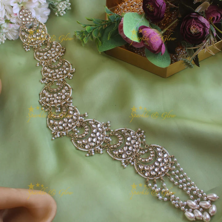 Statement Floral Moon design antique finish long jadabilla with kundan stones and pearl drops - green white - Sparkle and Glow