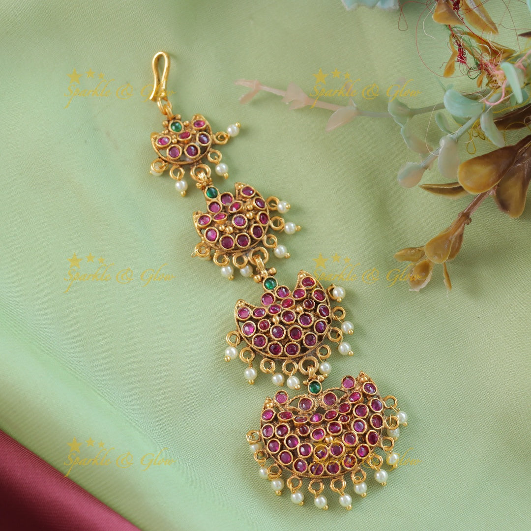Elegant Half Moon single line Kemp Maangtikka with Mintgreen beads-Mintgreen