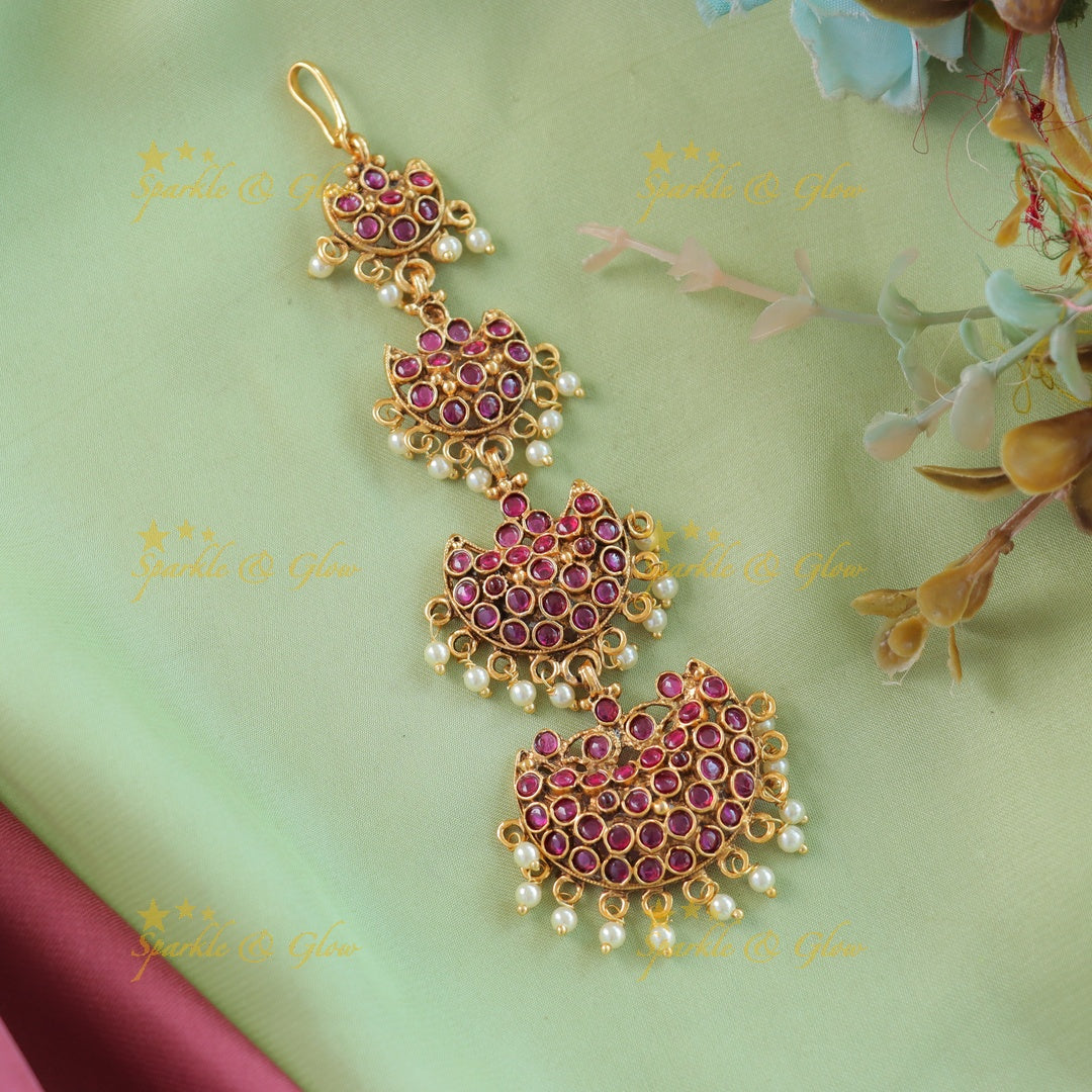 Elegant Half Moon single line Kemp Maangtikka with pearl beads-Ruby
