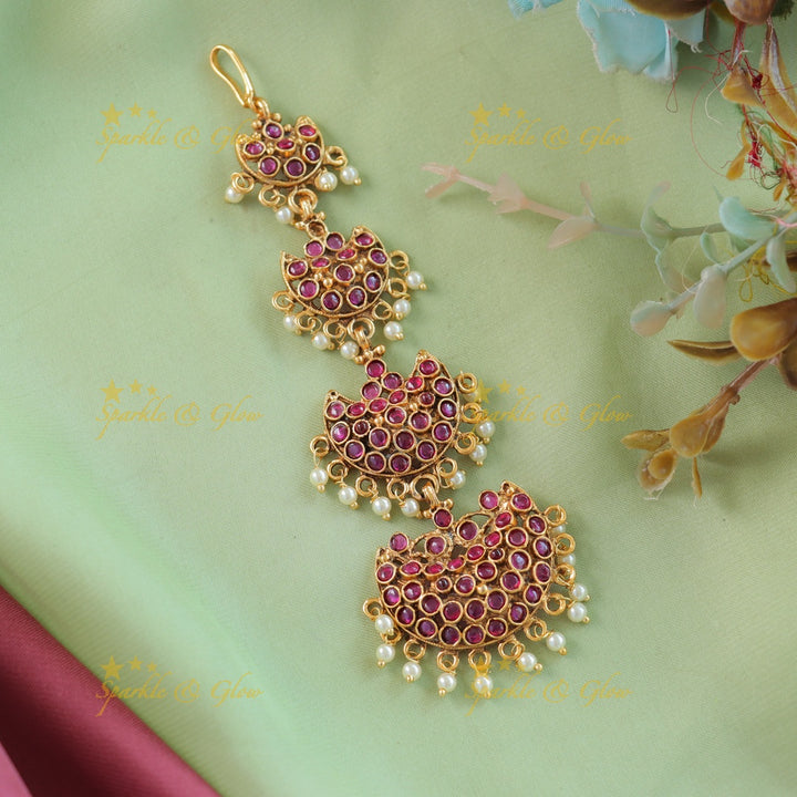 Elegant Half Moon single line Kemp Maangtikka with pearl beads-Ruby