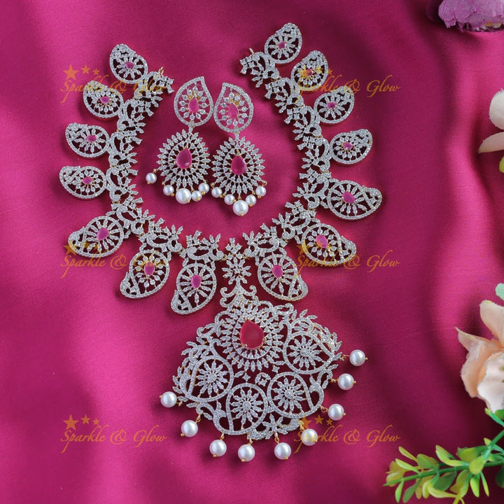 Gracious Mango Floral carved AMerican diamond Short necklace - Ruby - Sparkle and Glow - Ruby - Back Thread