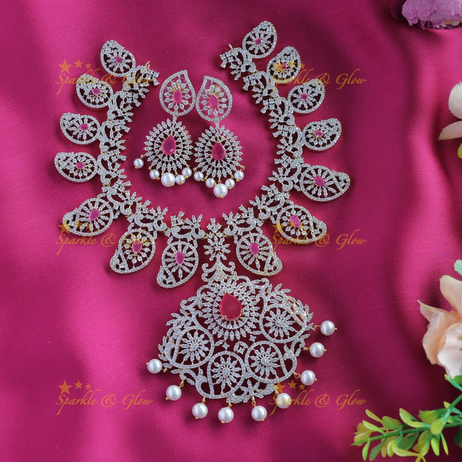Gracious Mango Floral carved AMerican diamond Short necklace - Ruby - Sparkle and Glow - Ruby - Back Thread
