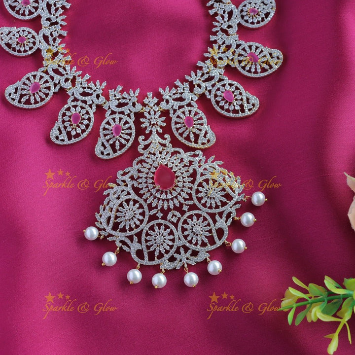 Gracious Mango Floral carved AMerican diamond Short necklace - Ruby - Sparkle and Glow - Ruby - Back Thread