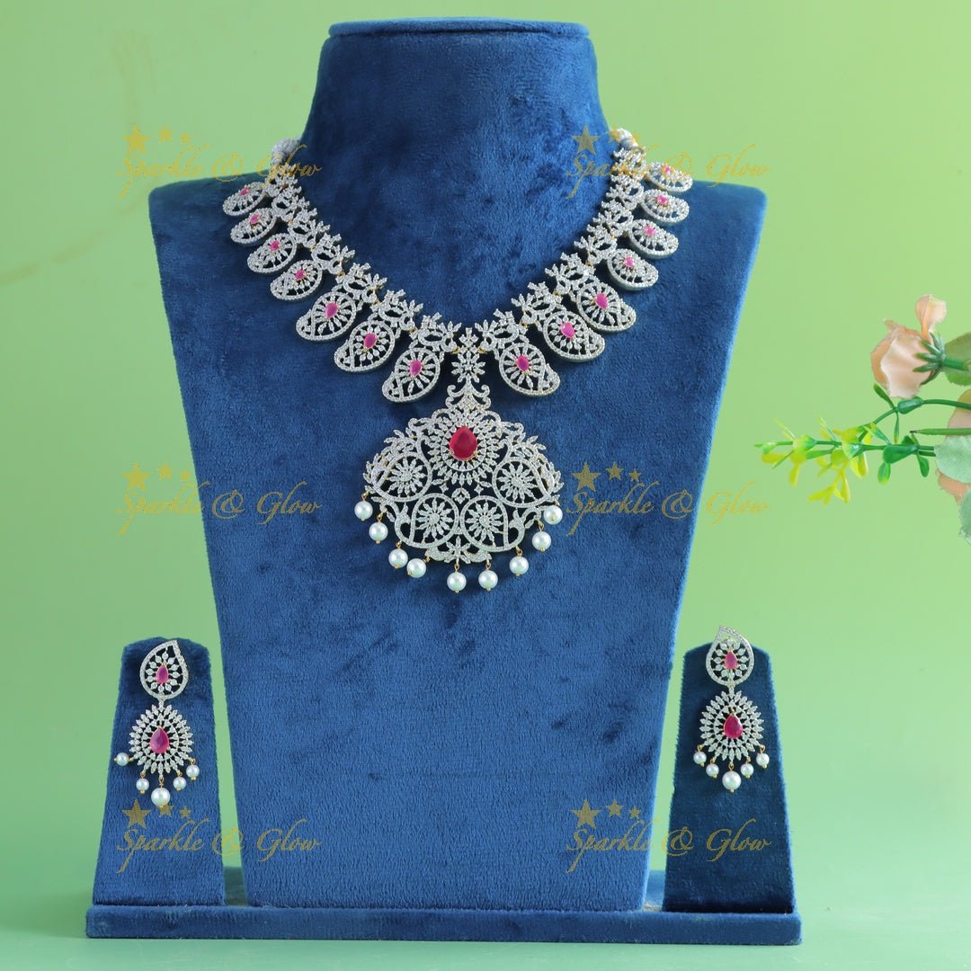 Gracious Mango Floral carved AMerican diamond Short necklace - Ruby - Sparkle and Glow - Ruby - Back Thread