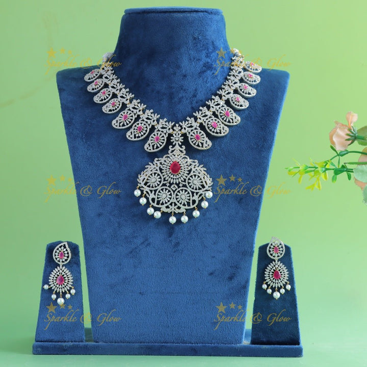 Gracious Mango Floral carved AMerican diamond Short necklace - Ruby - Sparkle and Glow - Ruby - Back Thread
