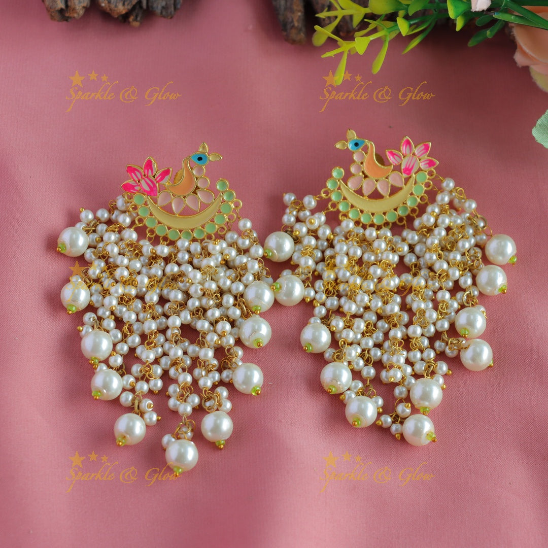 Meenakari peacock stud pearl cluster tassel style dangle earrings-Skyblue-orange