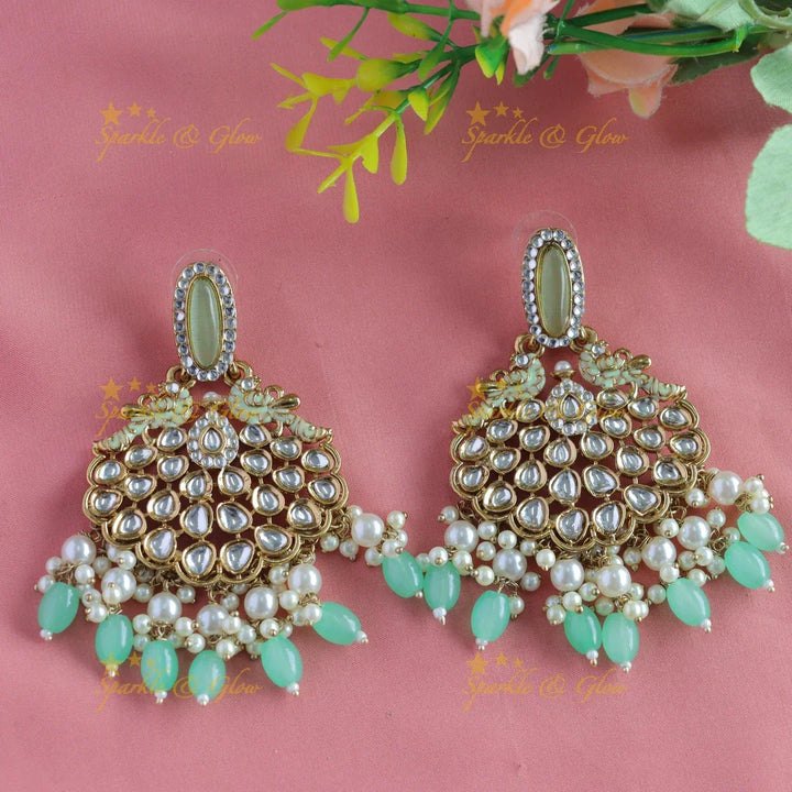 Mint Green Kundan Peacock Earrings - Antique Finish
