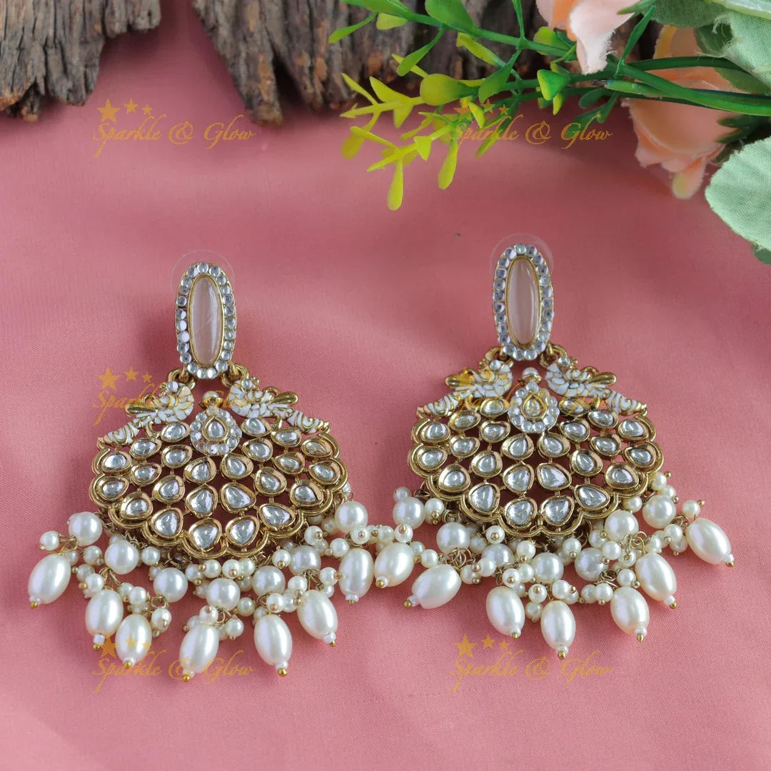 Mint Green Kundan Peacock Earrings - Antique Finish