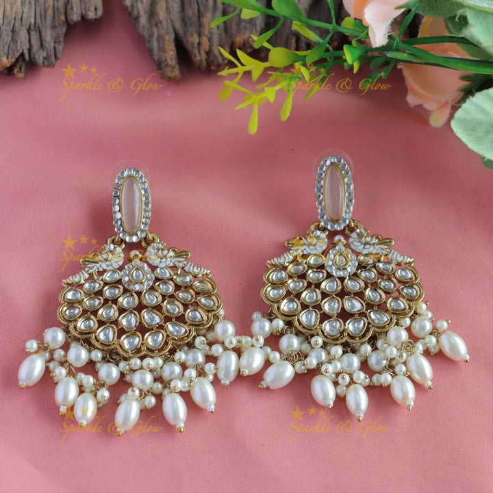 Mint Green Kundan Peacock Earrings - Antique Finish