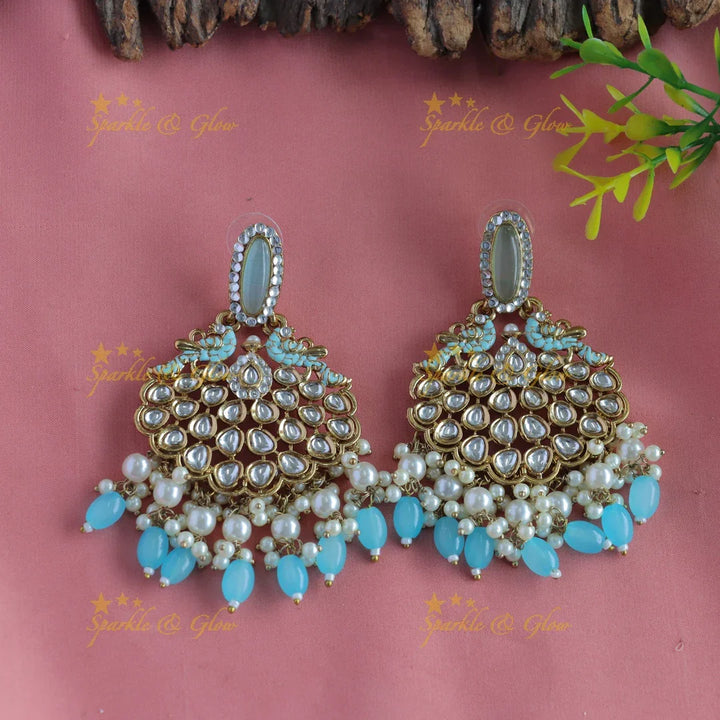 Mint Green Kundan Peacock Earrings - Antique Finish