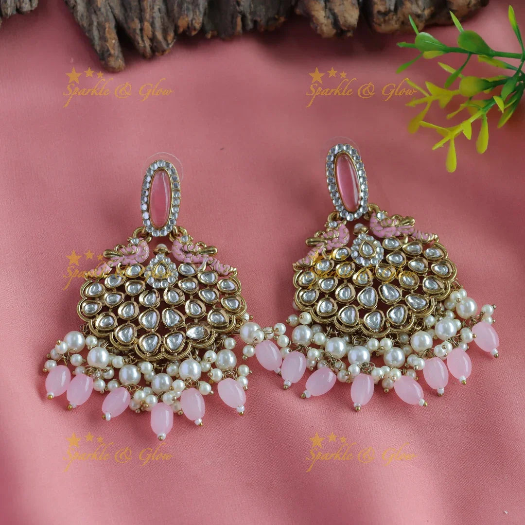 Mint Green Kundan Peacock Earrings - Antique Finish