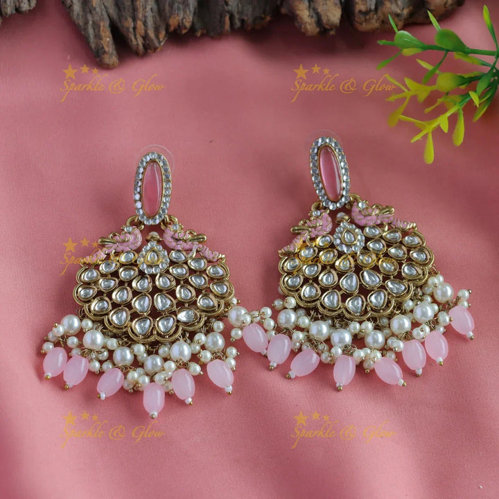Mint Green Kundan Peacock Earrings - Antique Finish