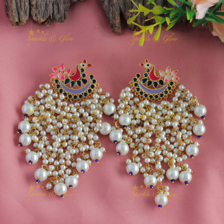 Meenakari peacock stud pearl cluster tassel style dangle earrings-Yellow-Skyblue