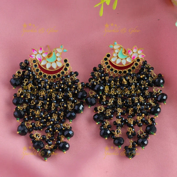 Meenakari peacock stud dangle earrings with Black beads-Black - Sparkle and Glow