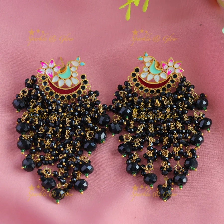 Meenakari peacock stud dangle earrings with Black beads-Black - Sparkle and Glow