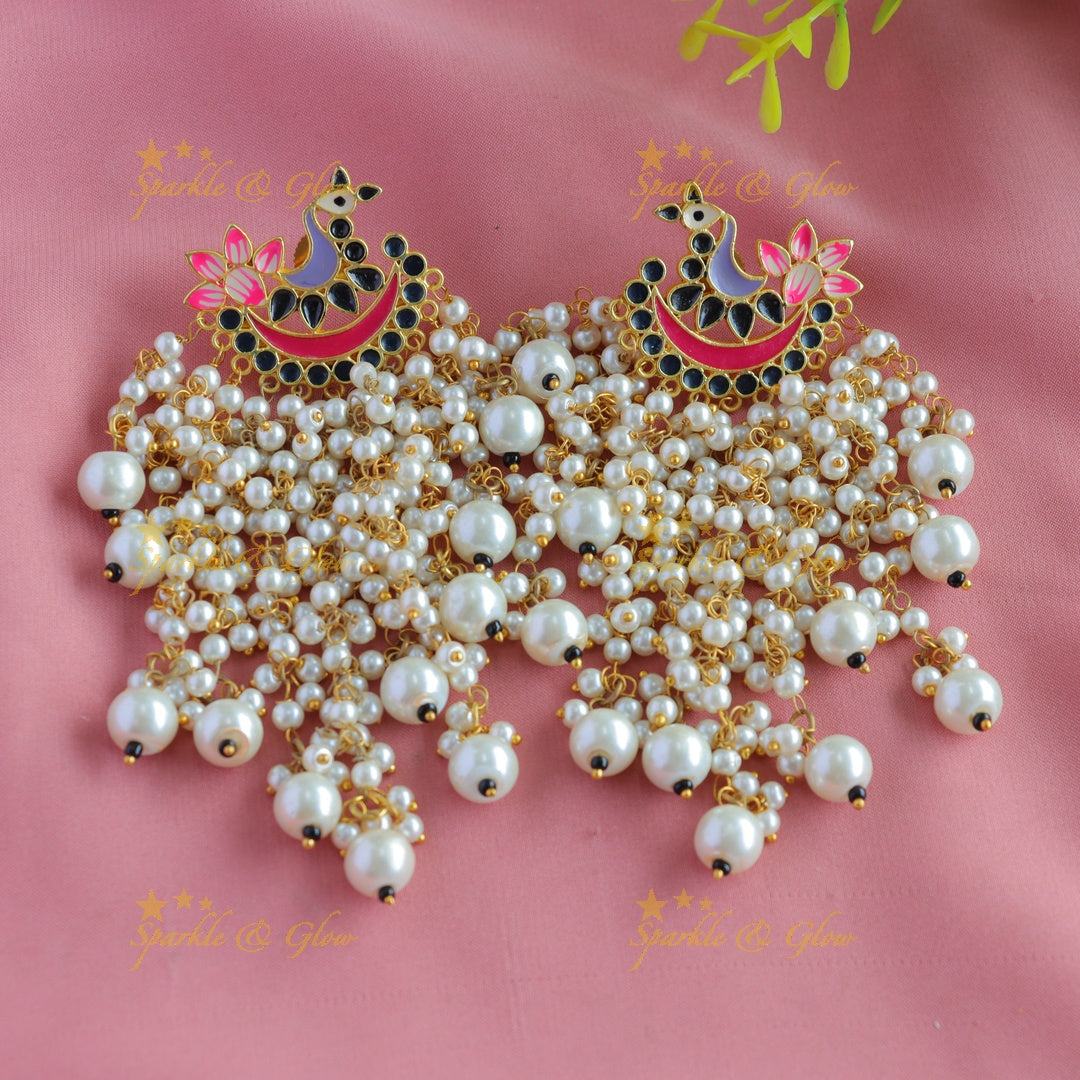 Meenakari peacock stud pearl cluster tassel style dangle earrings-Yellow-Skyblue