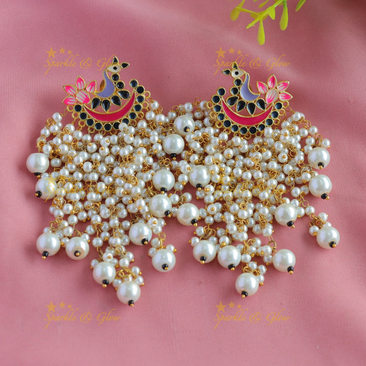 Meenakari peacock stud pearl cluster tassel style dangle earrings-Yellow-Skyblue