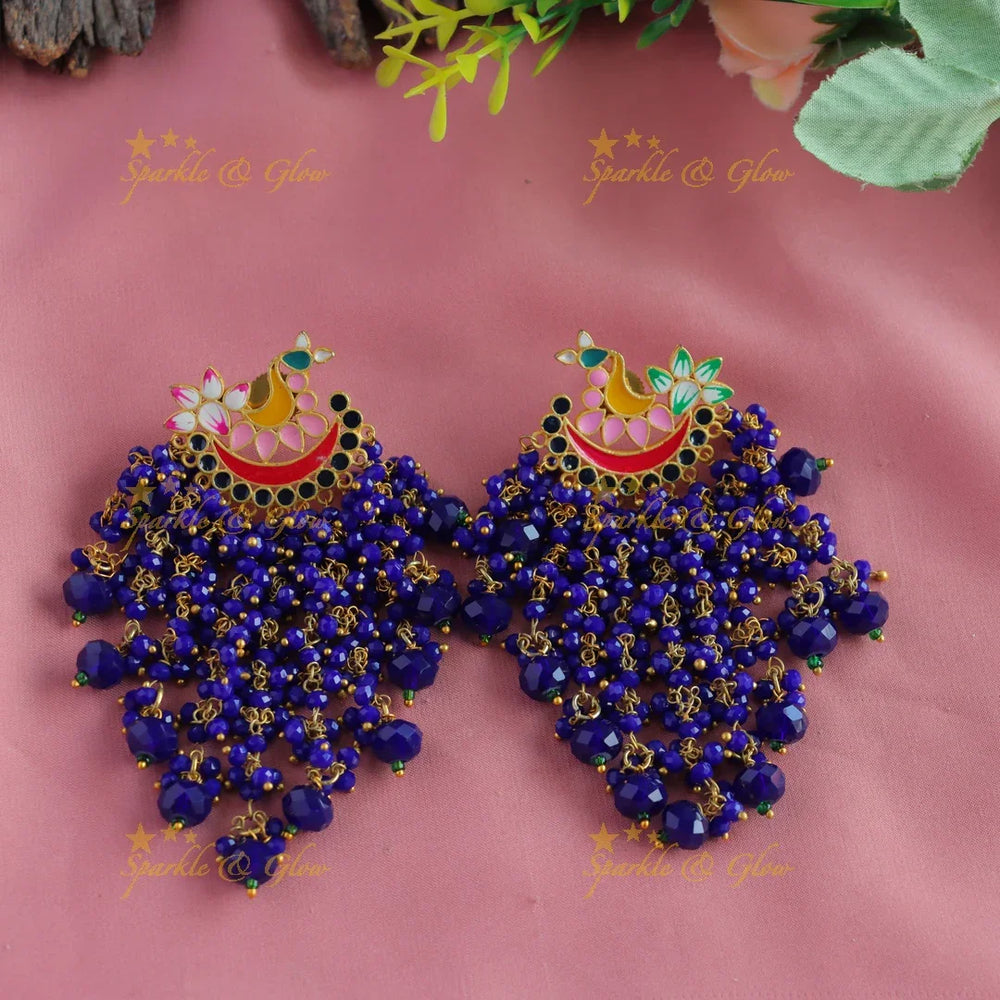 Meenakari peacock stud dangle earrings with Black beads-Black - Sparkle and Glow