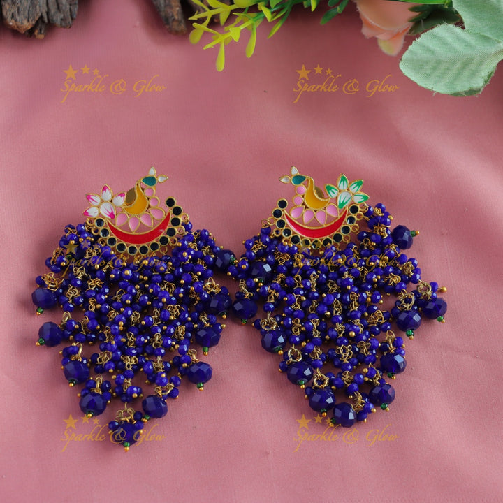 Meenakari peacock stud dangle earrings with Skyblue beads-Skyblue