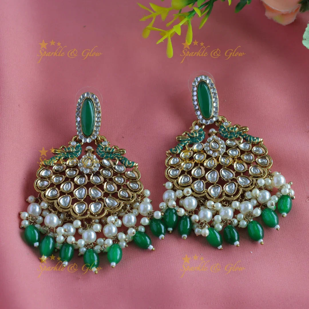Mint Green Kundan Peacock Earrings - Antique Finish