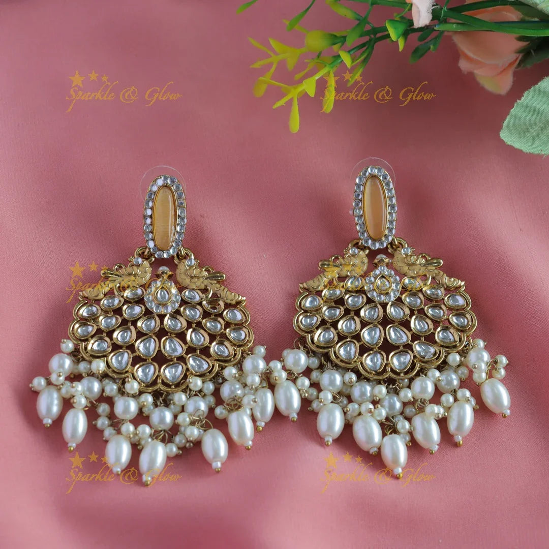 Mint Green Kundan Peacock Earrings - Antique Finish