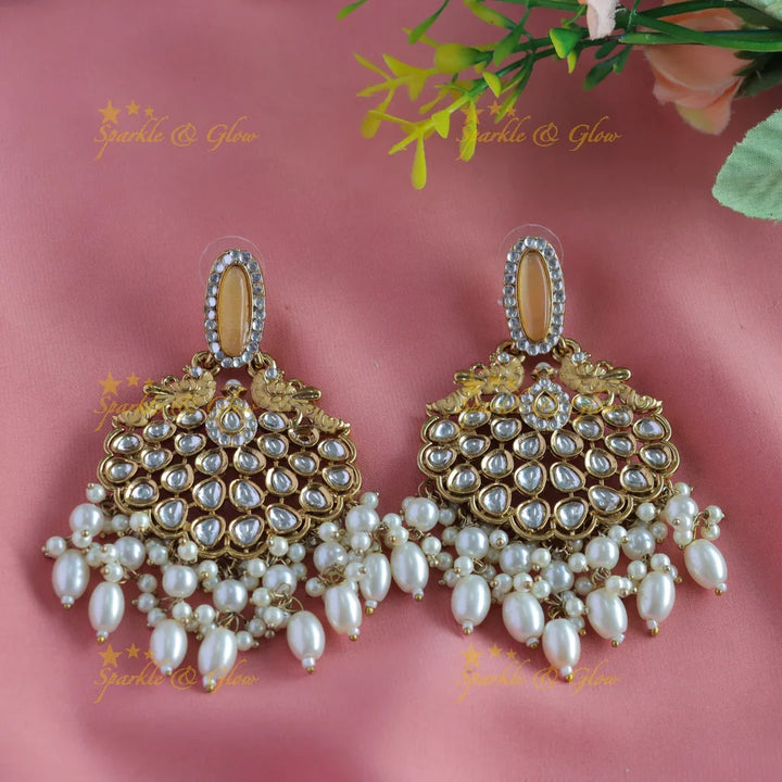 Mint Green Kundan Peacock Earrings - Antique Finish