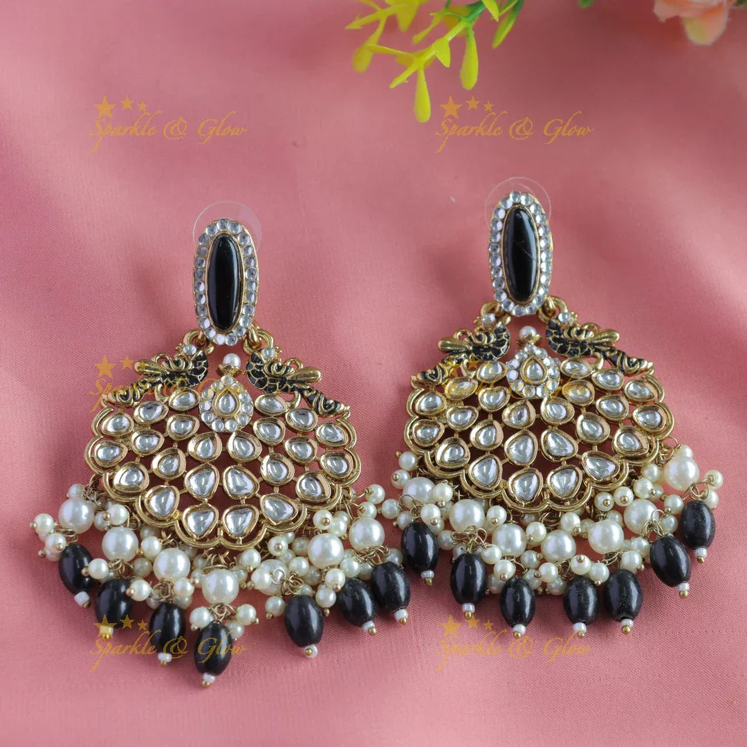 Mint Green Kundan Peacock Earrings - Antique Finish
