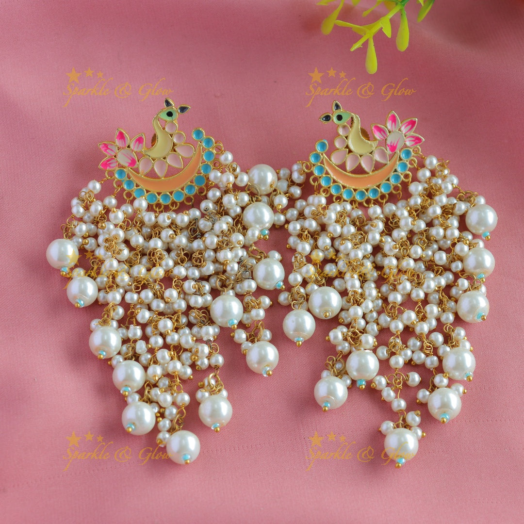 Meenakari peacock stud pearl cluster tassel style dangle earrings-Skyblue-orange