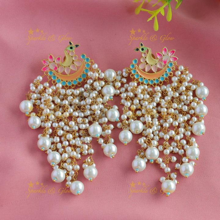 Meenakari peacock stud pearl cluster tassel style dangle earrings-Skyblue-orange