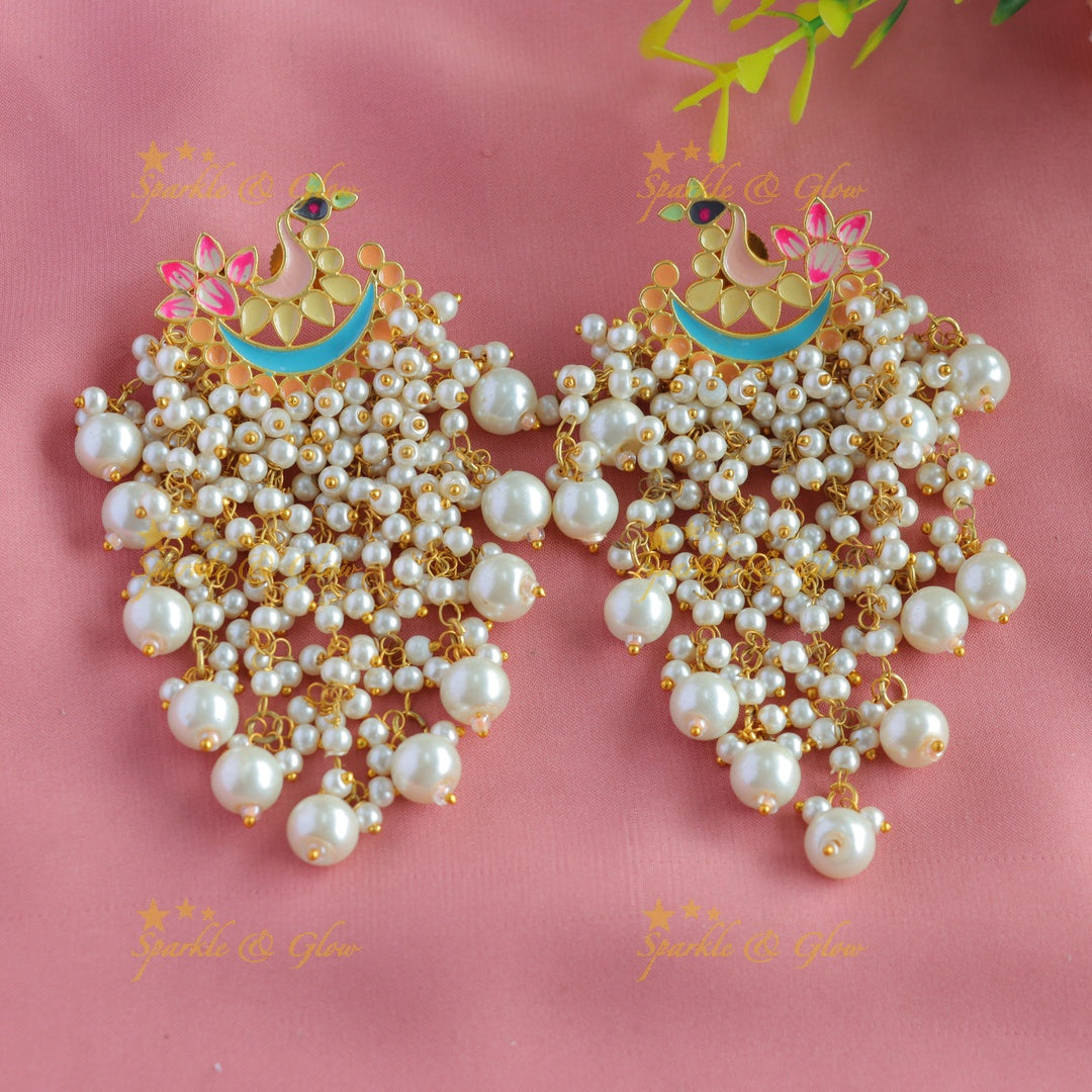 Meenakari peacock stud pearl cluster tassel style dangle earrings-Gray-pistagreen
