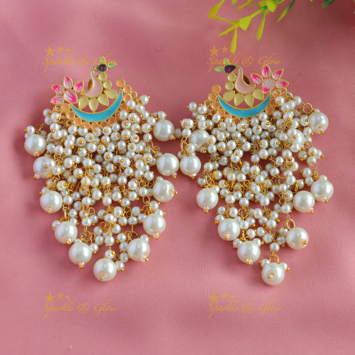 Meenakari peacock stud pearl cluster tassel style dangle earrings-Gray-pistagreen