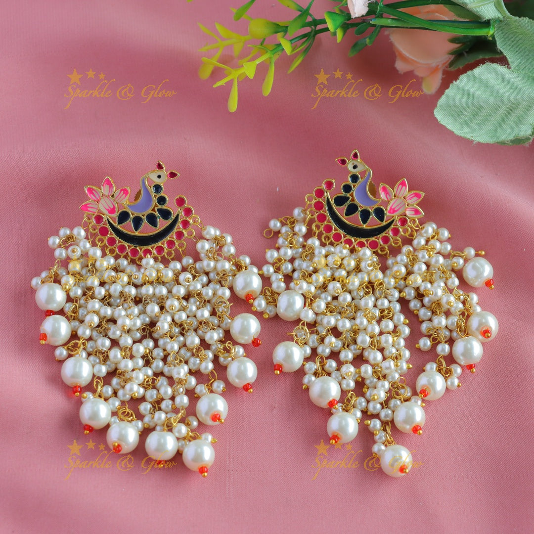 Meenakari peacock stud pearl cluster tassel style dangle earrings-Skyblue-orange
