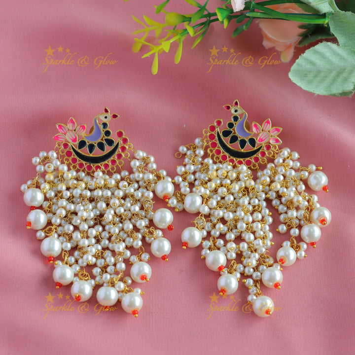 Meenakari peacock stud pearl cluster tassel style dangle earrings-Skyblue-orange