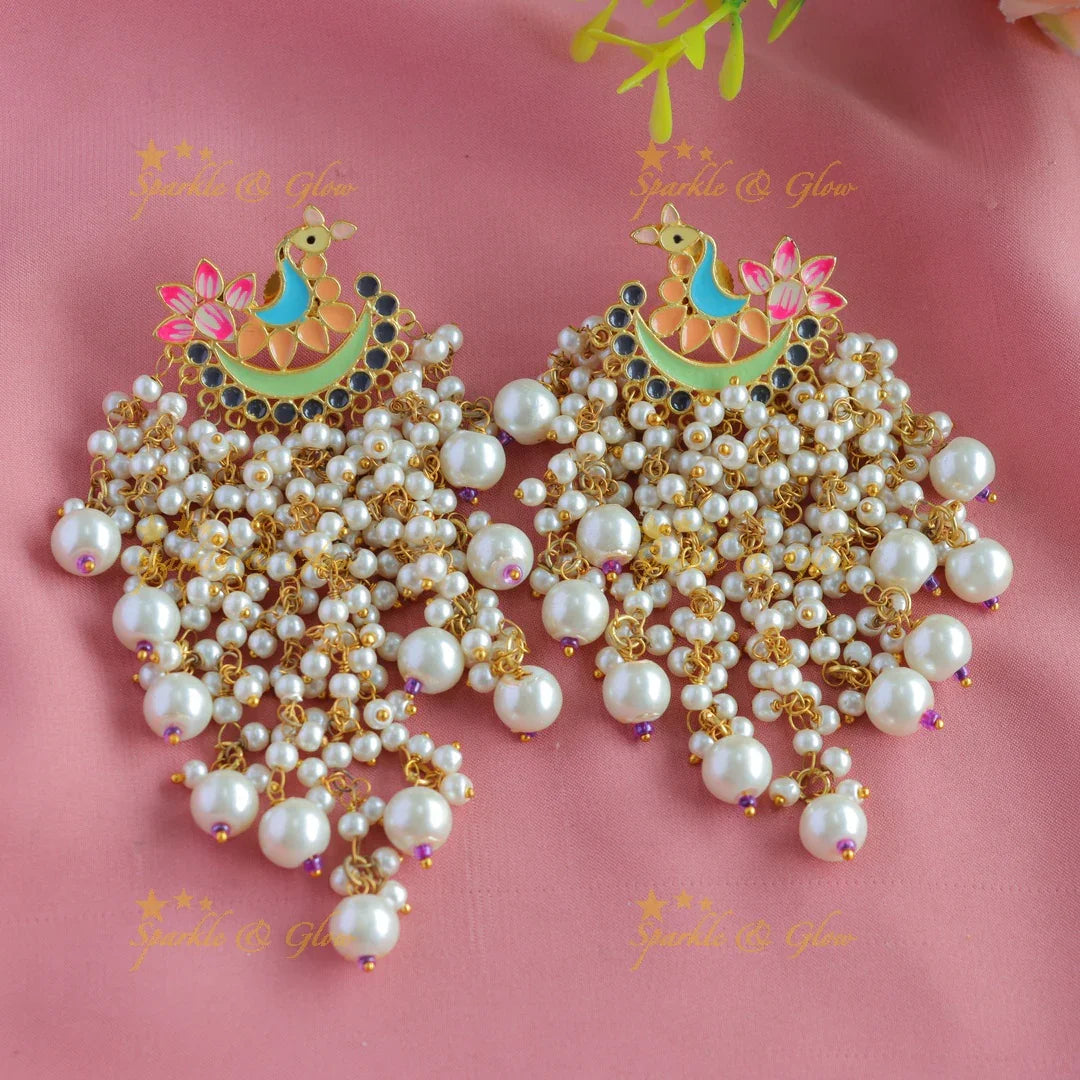 Meenakari peacock stud pearl cluster tassel style dangle earrings-Pistagreen-Yellow - Sparkle and Glow