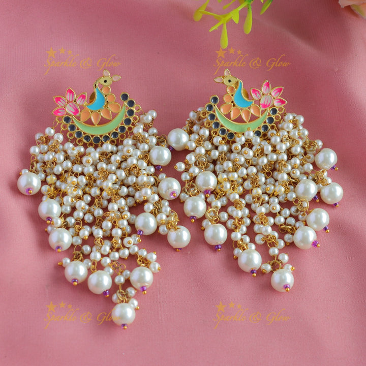 Meenakari peacock stud pearl cluster tassel style dangle earrings-Yellow-Skyblue