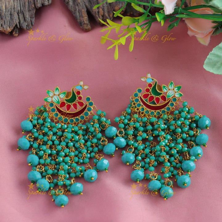 Meenakari peacock stud dangle earrings with Skyblue beads-Skyblue