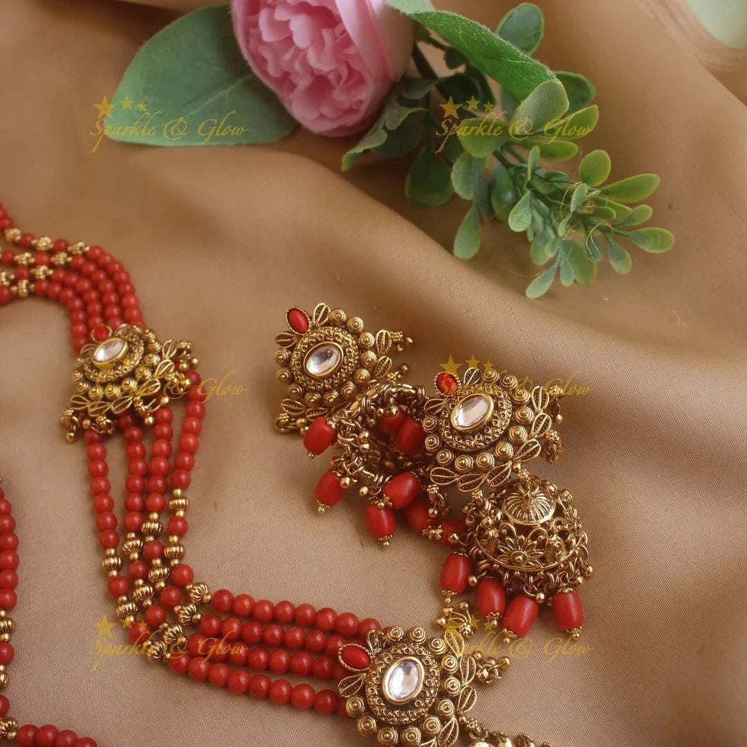 Stunning Peacock carved pendant haram with multi layer gold and coral beads chain and stones - Sparkle and Glow