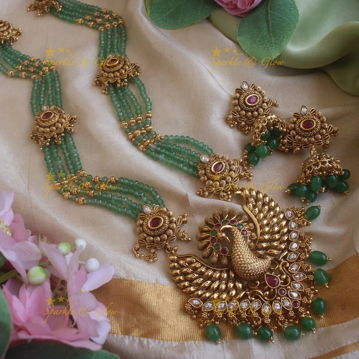 Stunning Peacock carved pendant haram with multi layer gold and mint green beads chain and stones - Sparkle and Glow