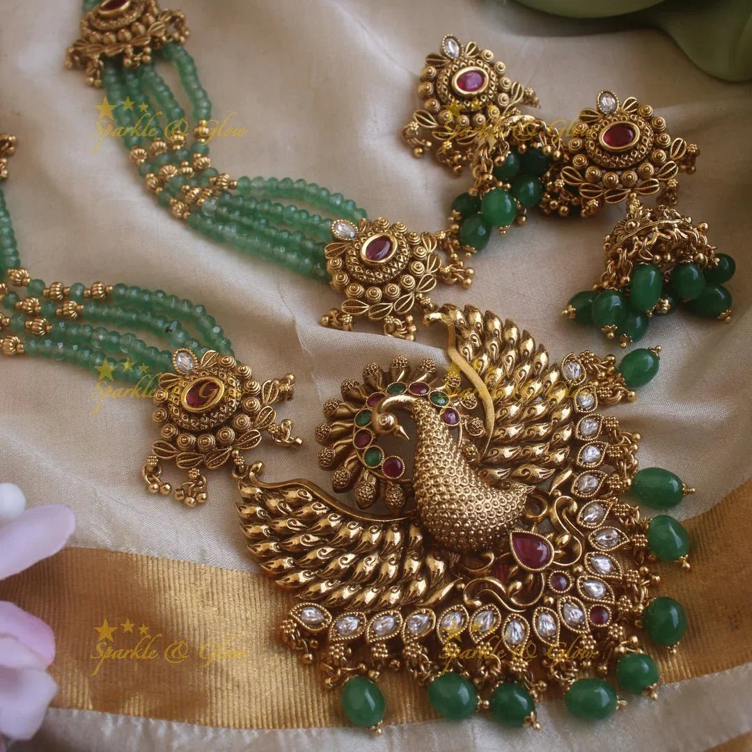Back Thread Peacock Pendant Haram with Gold Mint Beads