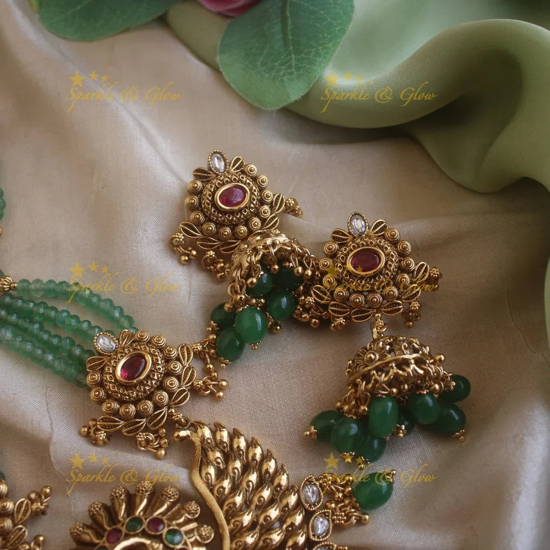 Stunning Peacock carved pendant haram with multi layer gold and mint green beads chain and stones - Sparkle and Glow